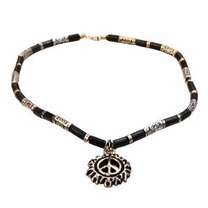 Vintage Tribal Necklace Black And Silver Tone Beads Peace And Fire Pendant 18.5"